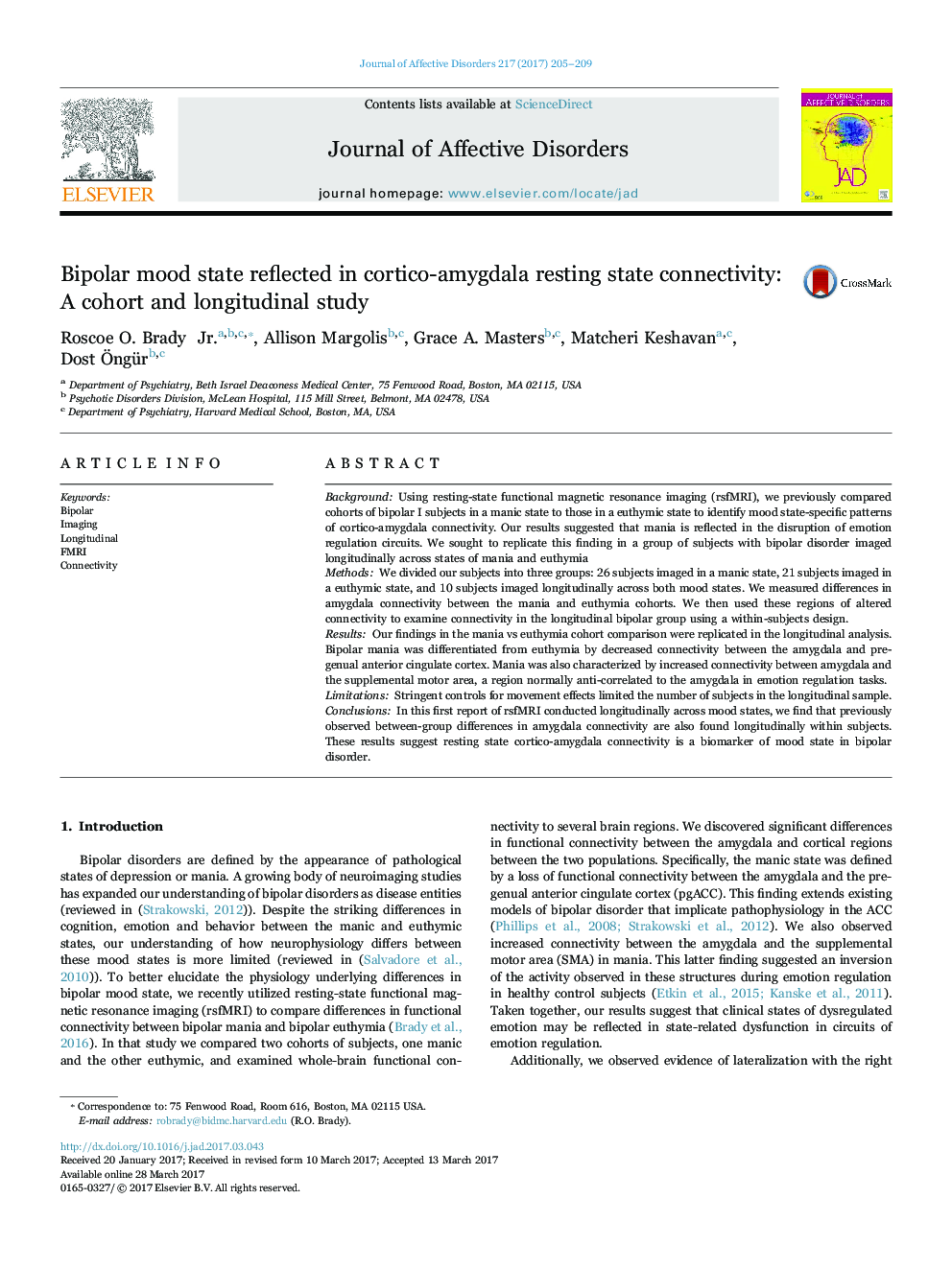 Bipolar mood state reflected in cortico-amygdala resting state connectivity: A cohort and longitudinal study