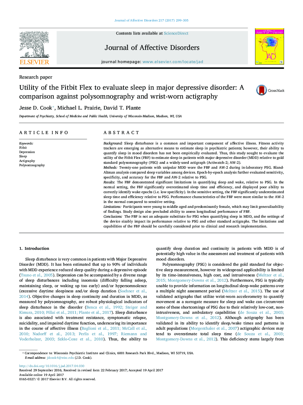 Research paperUtility of the Fitbit Flex to evaluate sleep in major depressive disorder: A comparison against polysomnography and wrist-worn actigraphy