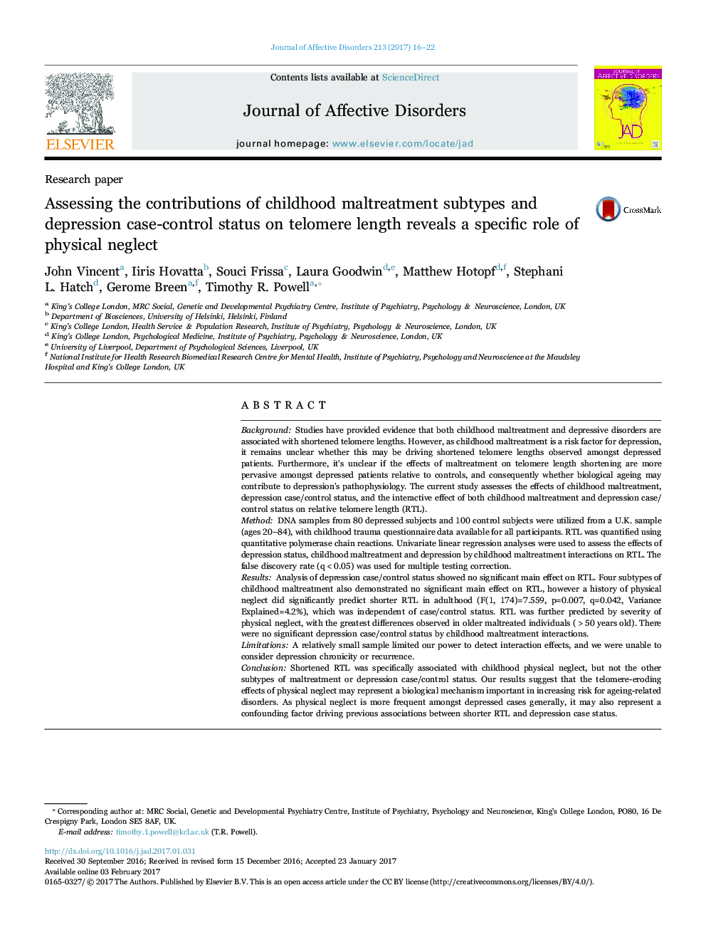 Research paperAssessing the contributions of childhood maltreatment subtypes and depression case-control status on telomere length reveals a specific role of physical neglect