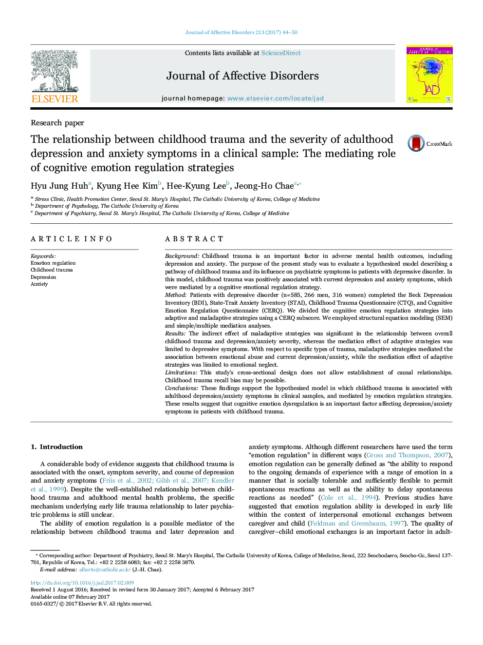Research paperThe relationship between childhood trauma and the severity of adulthood depression and anxiety symptoms in a clinical sample: The mediating role of cognitive emotion regulation strategies