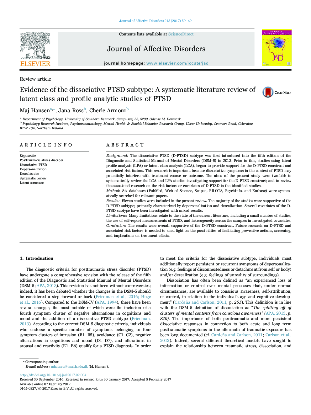 Review articleEvidence of the dissociative PTSD subtype: A systematic literature review of latent class and profile analytic studies of PTSD