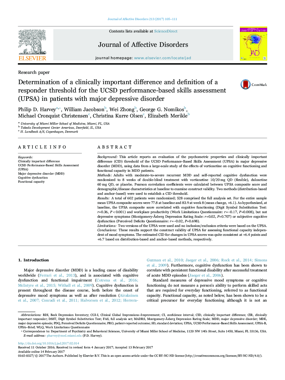 Research paperDetermination of a clinically important difference and definition of a responder threshold for the UCSD performance-based skills assessment (UPSA) in patients with major depressive disorder