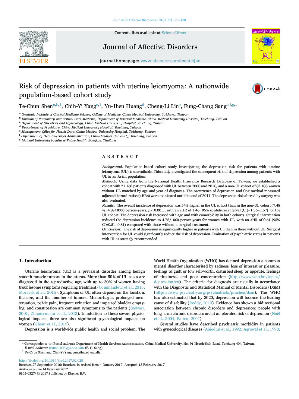 Risk of depression in patients with uterine leiomyoma: A nationwide population-based cohort study