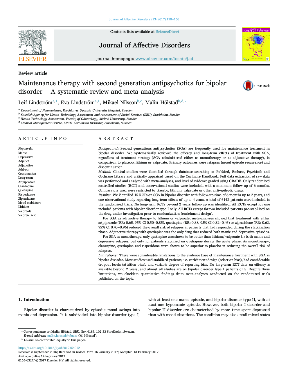 Review articleMaintenance therapy with second generation antipsychotics for bipolar disorder - A systematic review and meta-analysis