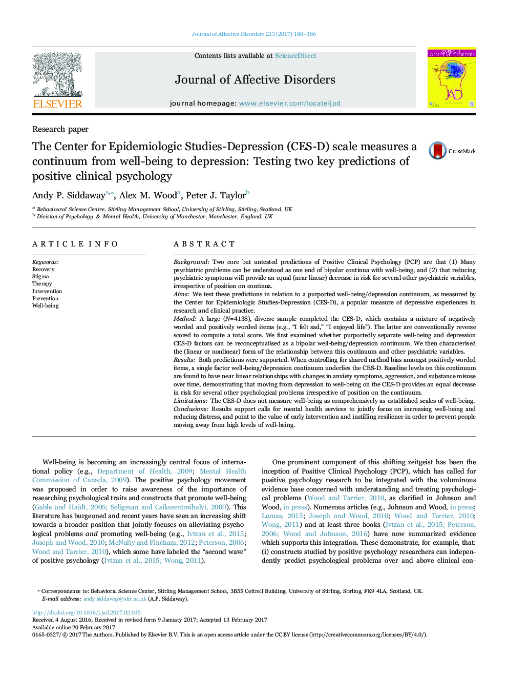 Research paperThe Center for Epidemiologic Studies-Depression (CES-D) scale measures a continuum from well-being to depression: Testing two key predictions of positive clinical psychology