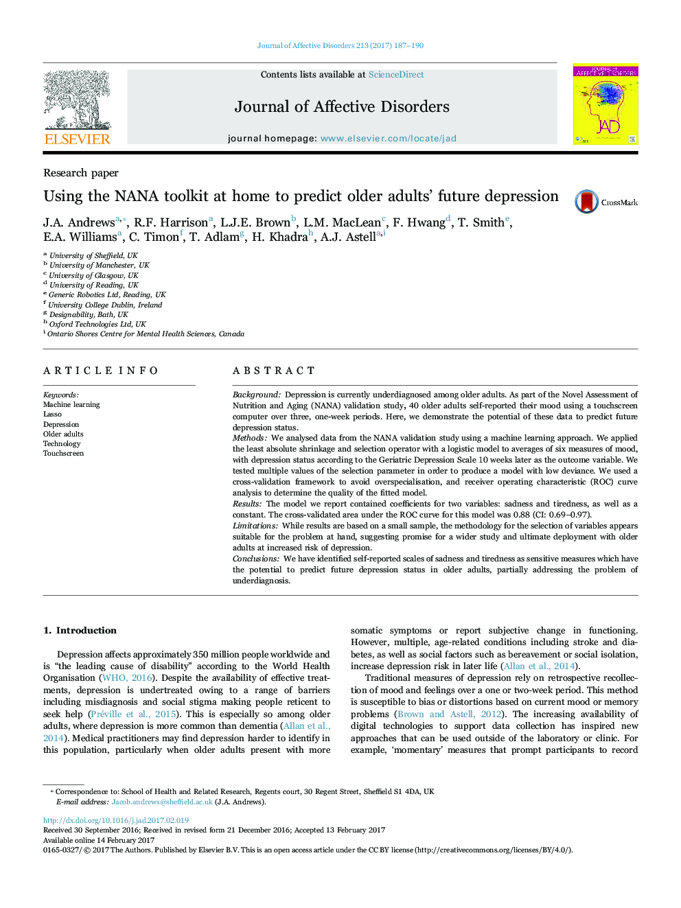 Research paperUsing the NANA toolkit at home to predict older adults' future depression