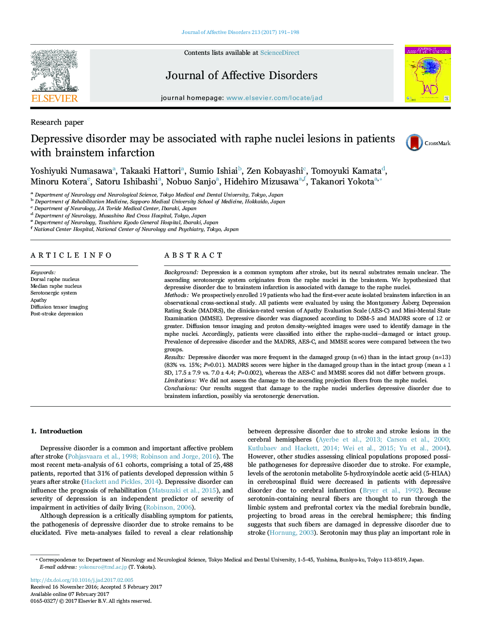 Research paperDepressive disorder may be associated with raphe nuclei lesions in patients with brainstem infarction