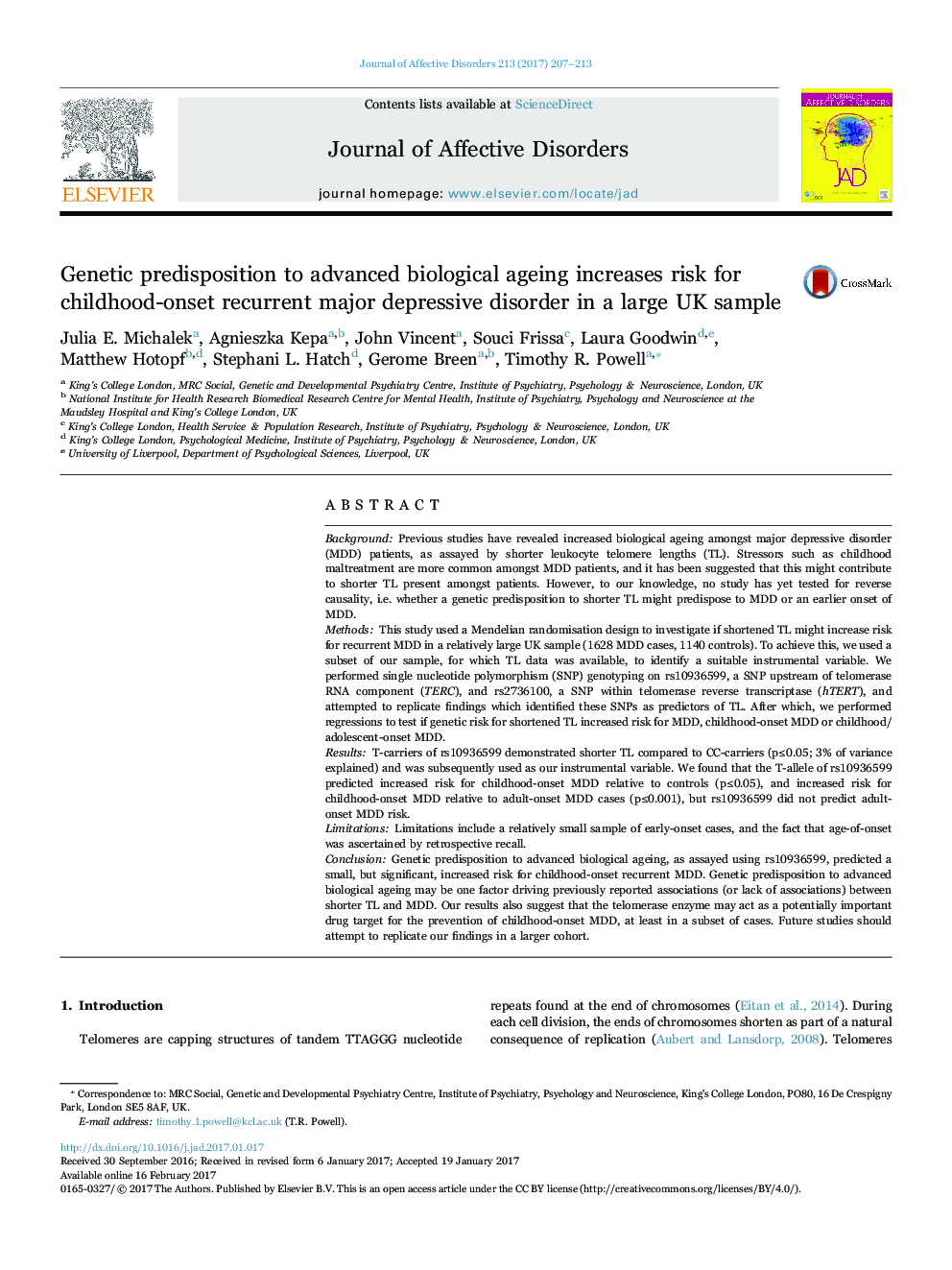 Genetic predisposition to advanced biological ageing increases risk for childhood-onset recurrent major depressive disorder in a large UK sample