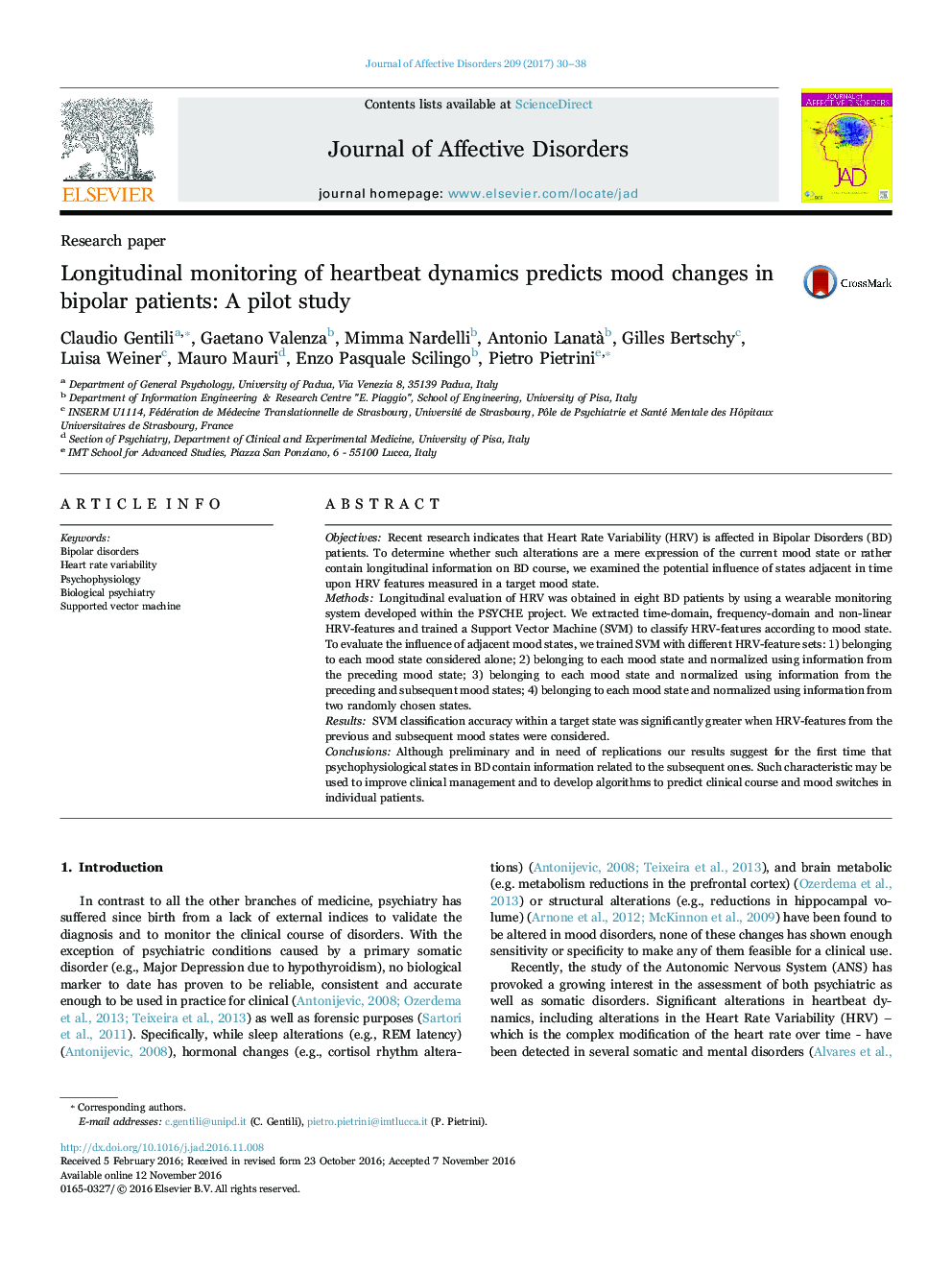 Research paperLongitudinal monitoring of heartbeat dynamics predicts mood changes in bipolar patients: A pilot study