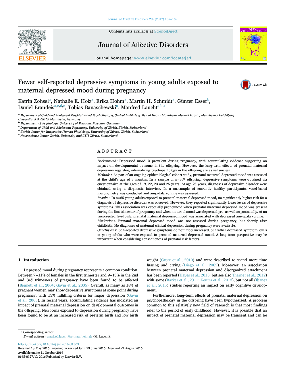 Fewer self-reported depressive symptoms in young adults exposed to maternal depressed mood during pregnancy