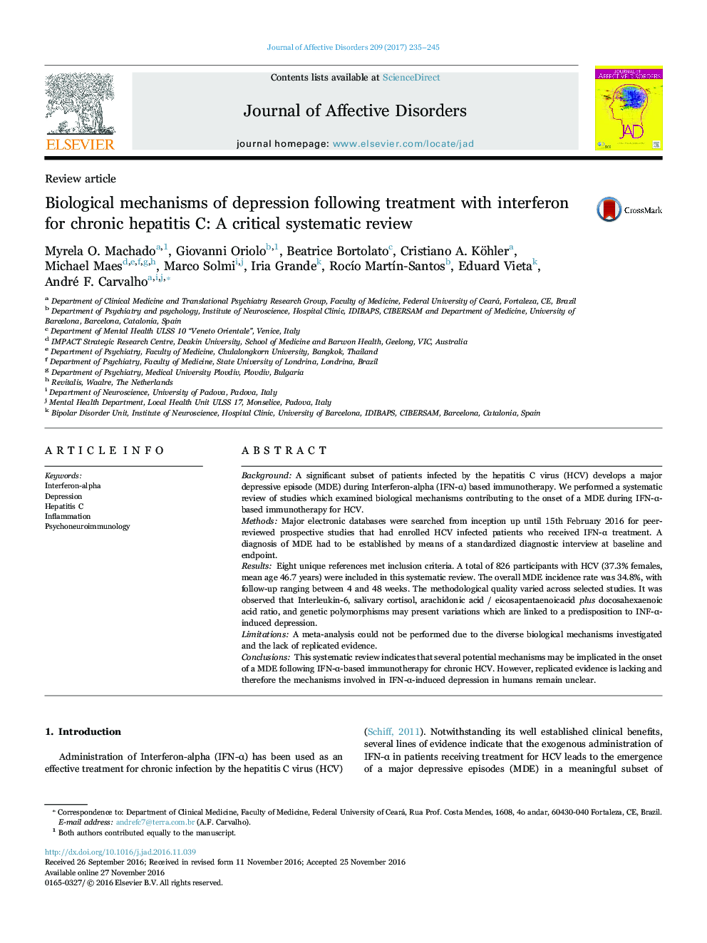 Review articleBiological mechanisms of depression following treatment with interferon for chronic hepatitis C: A critical systematic review