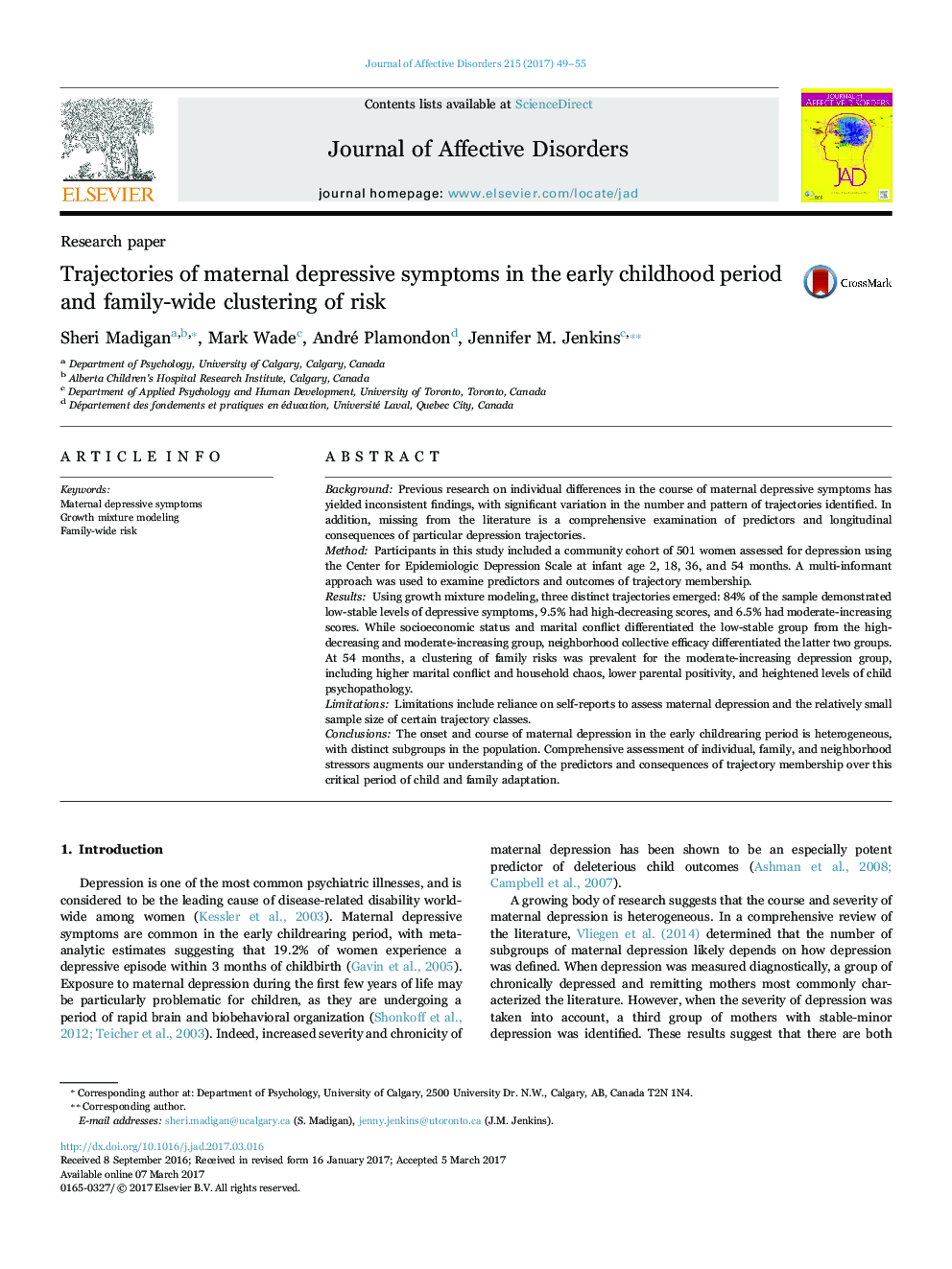 Research paperTrajectories of maternal depressive symptoms in the early childhood period and family-wide clustering of risk