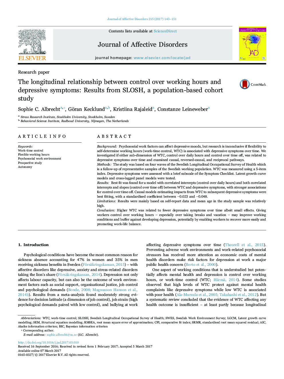 Research paperThe longitudinal relationship between control over working hours and depressive symptoms: Results from SLOSH, a population-based cohort study