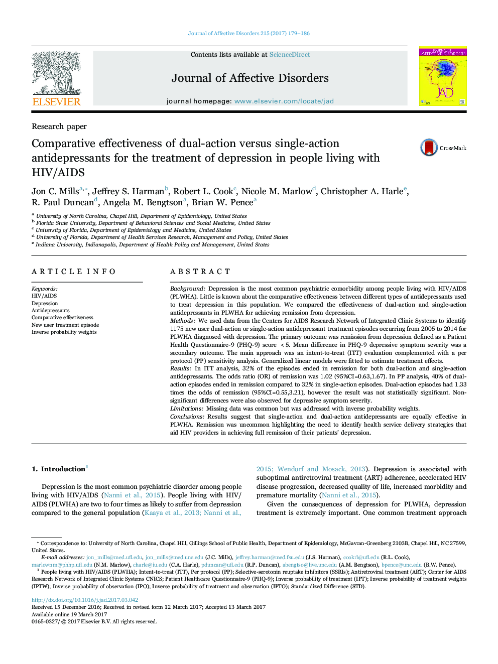Research paperComparative effectiveness of dual-action versus single-action antidepressants for the treatment of depression in people living with HIV/AIDS