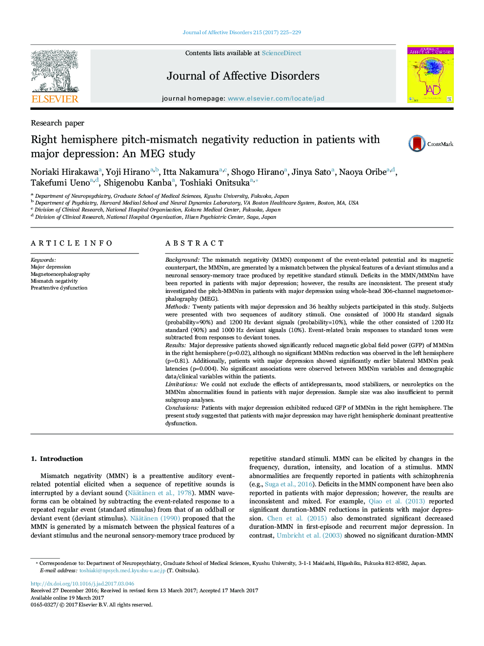 Research paperRight hemisphere pitch-mismatch negativity reduction in patients with major depression: An MEG study