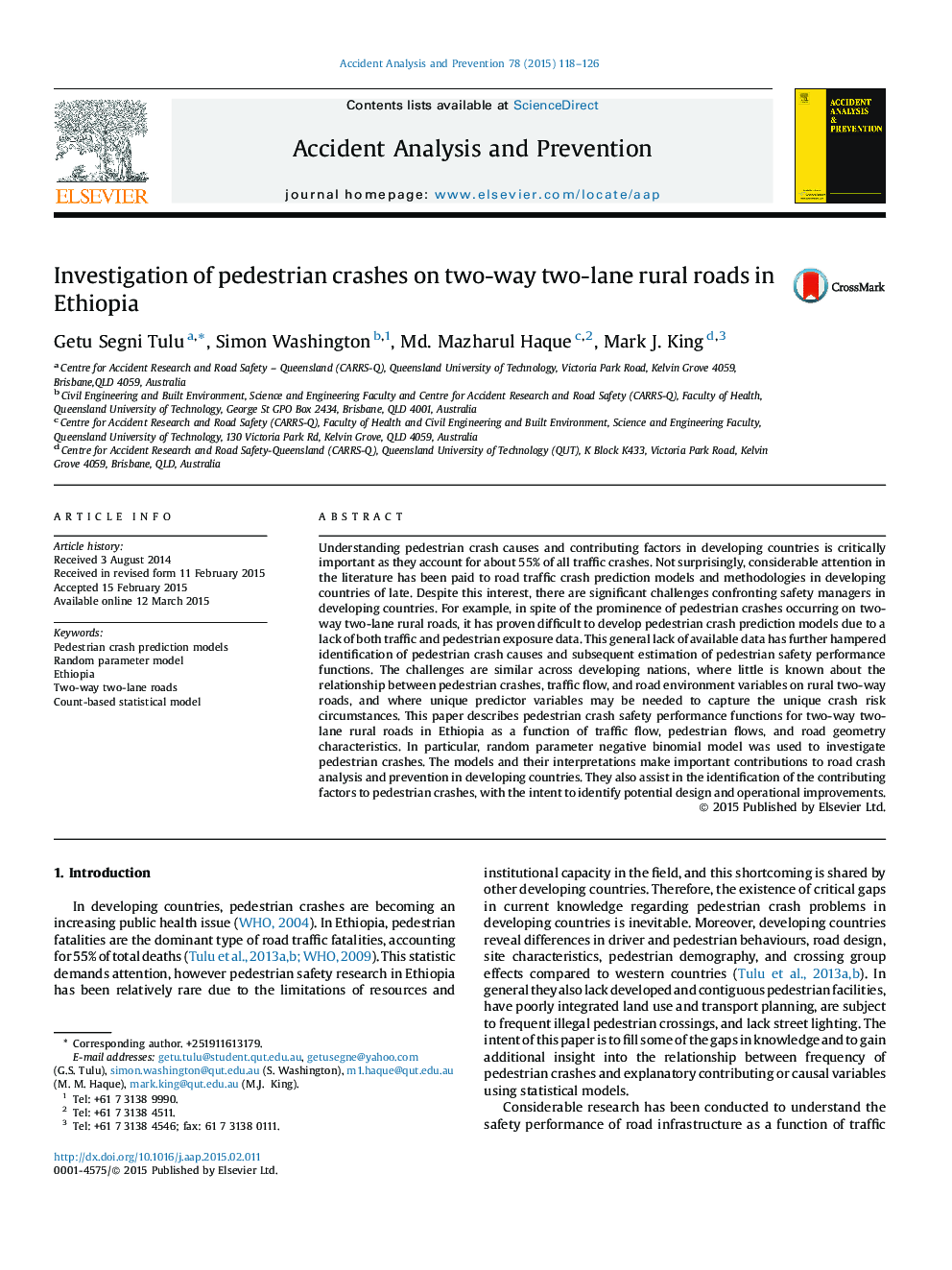 Investigation of pedestrian crashes on two-way two-lane rural roads in Ethiopia