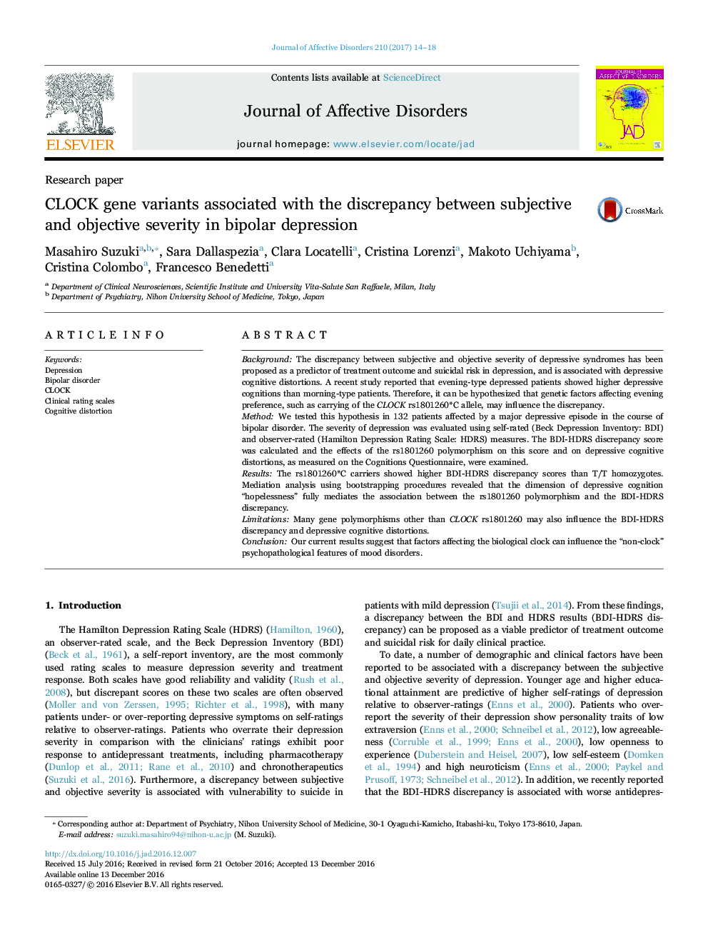 Research paperCLOCK gene variants associated with the discrepancy between subjective and objective severity in bipolar depression