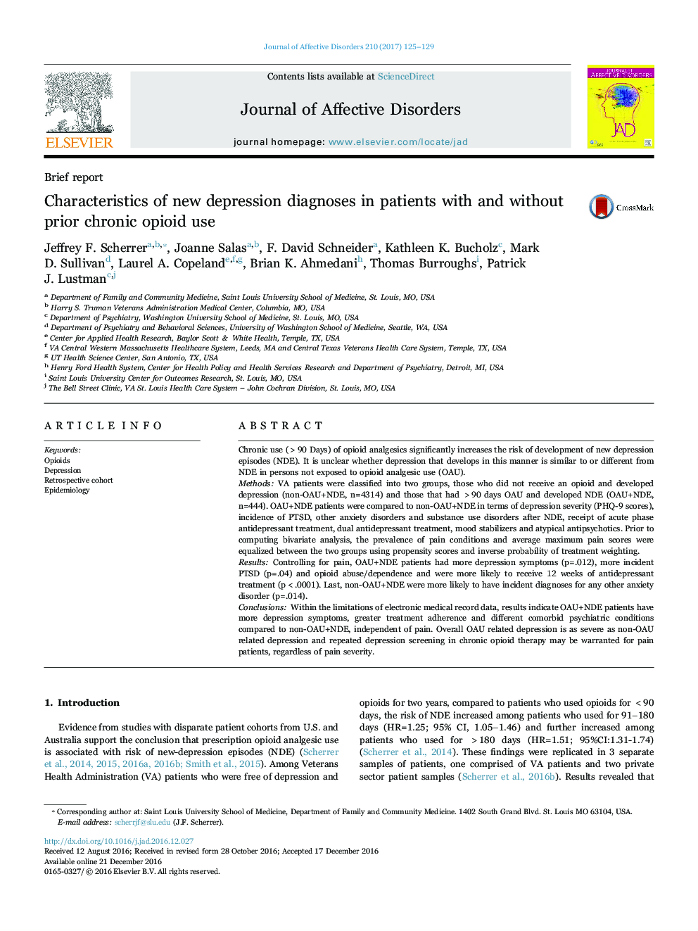 Brief reportCharacteristics of new depression diagnoses in patients with and without prior chronic opioid use