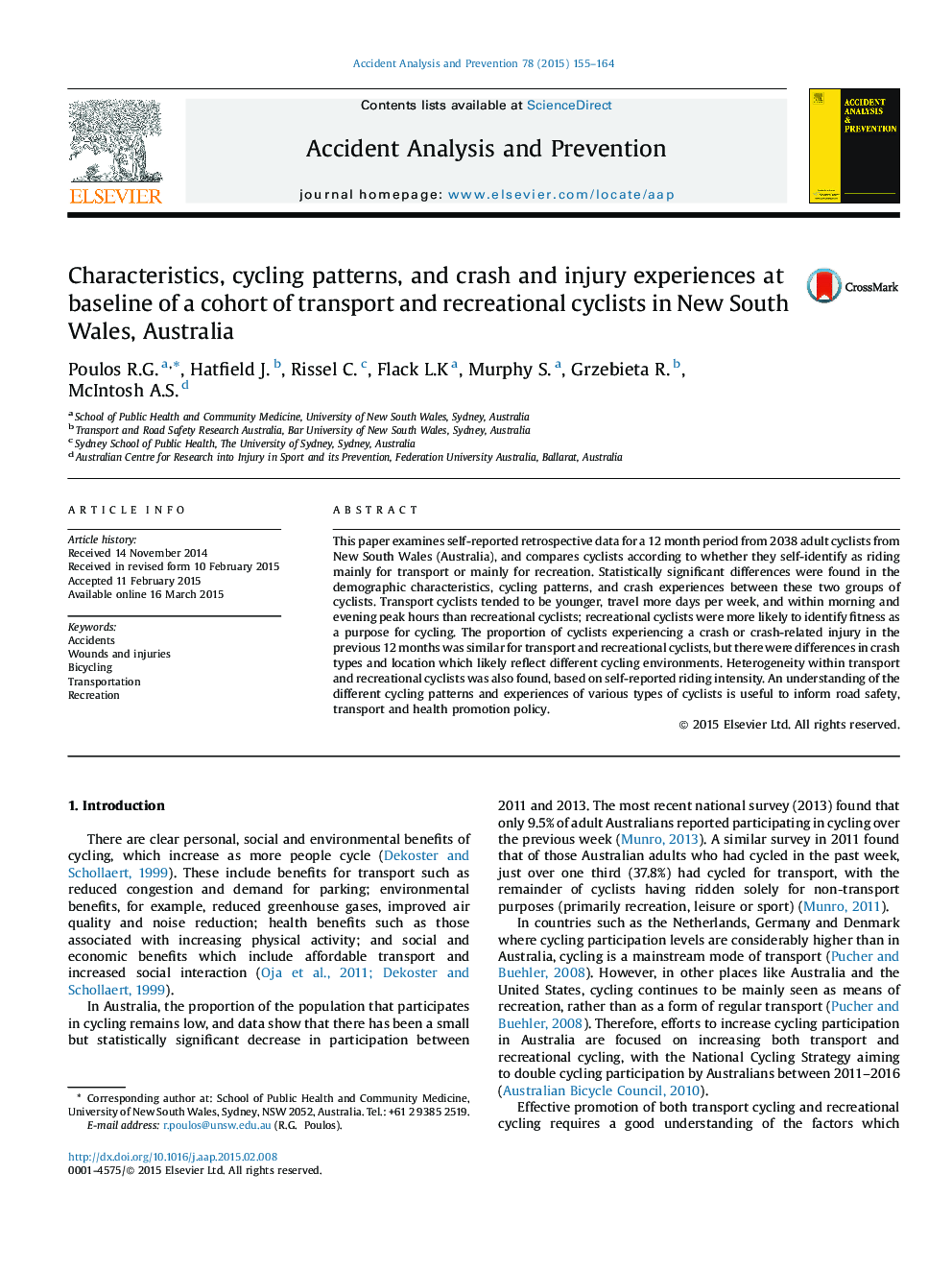 Characteristics, cycling patterns, and crash and injury experiences at baseline of a cohort of transport and recreational cyclists in New South Wales, Australia