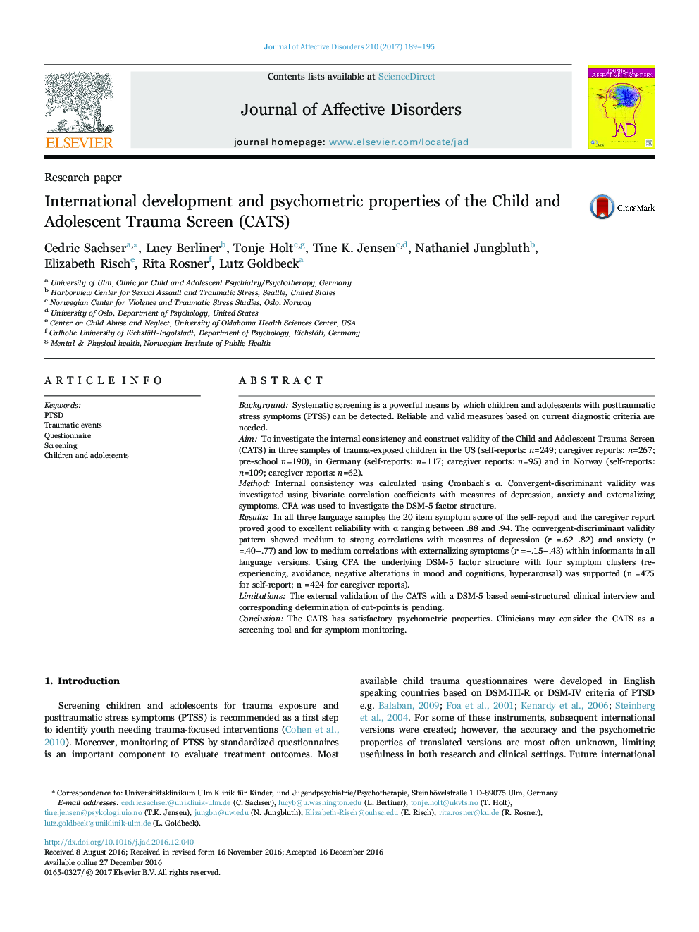 Research paperInternational development and psychometric properties of the Child and Adolescent Trauma Screen (CATS)