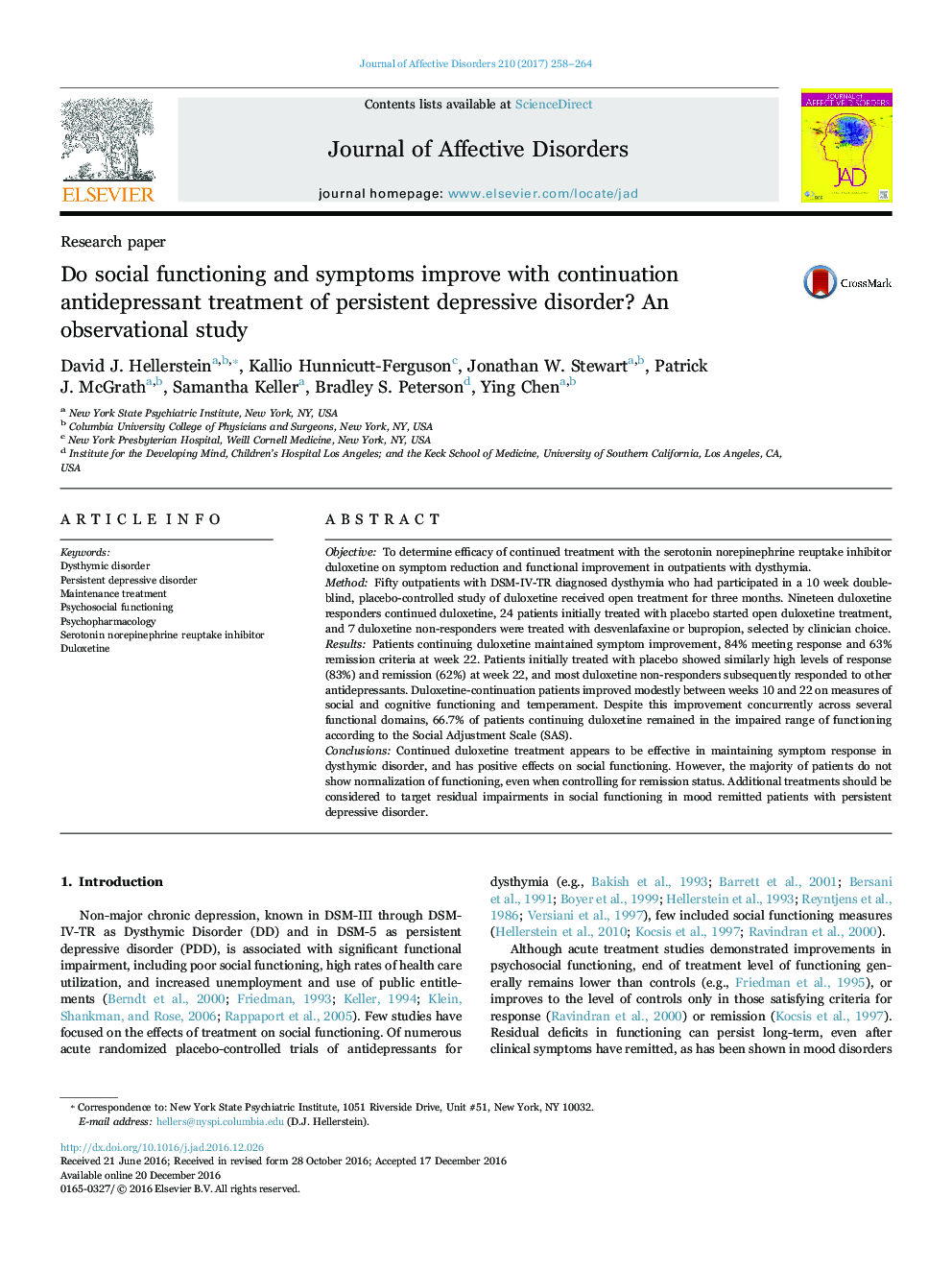 Research paperDo social functioning and symptoms improve with continuation antidepressant treatment of persistent depressive disorder? An observational study
