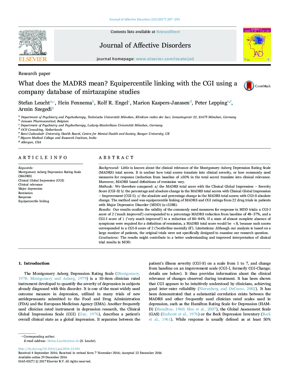 Research paperWhat does the MADRS mean? Equipercentile linking with the CGI using a company database of mirtazapine studies