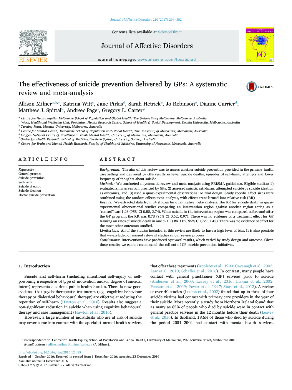 The effectiveness of suicide prevention delivered by GPs: A systematic review and meta-analysis