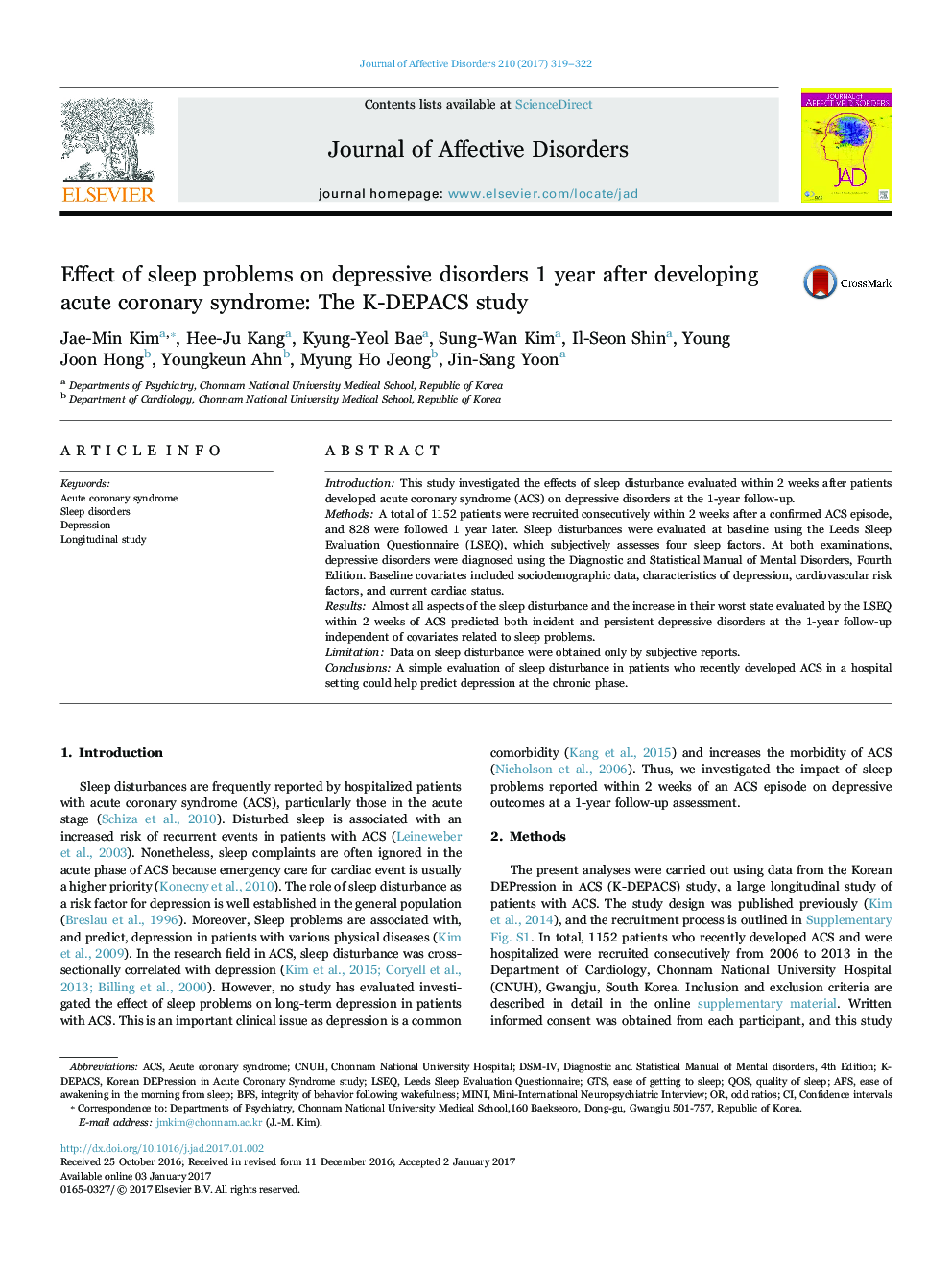 Effect of sleep problems on depressive disorders 1 year after developing acute coronary syndrome: The K-DEPACS study