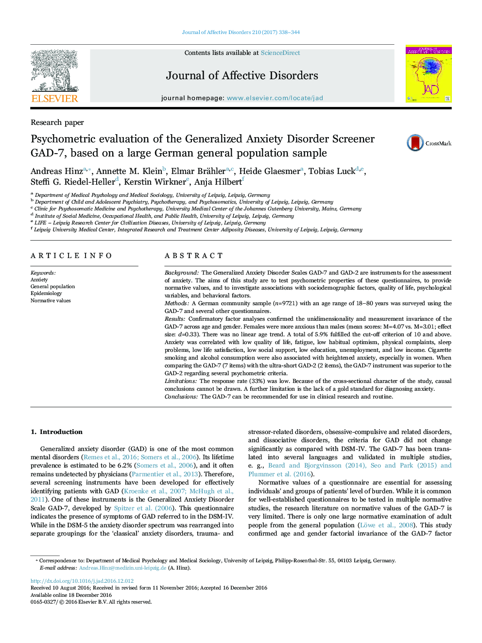 Research paperPsychometric evaluation of the Generalized Anxiety Disorder Screener GAD-7, based on a large German general population sample