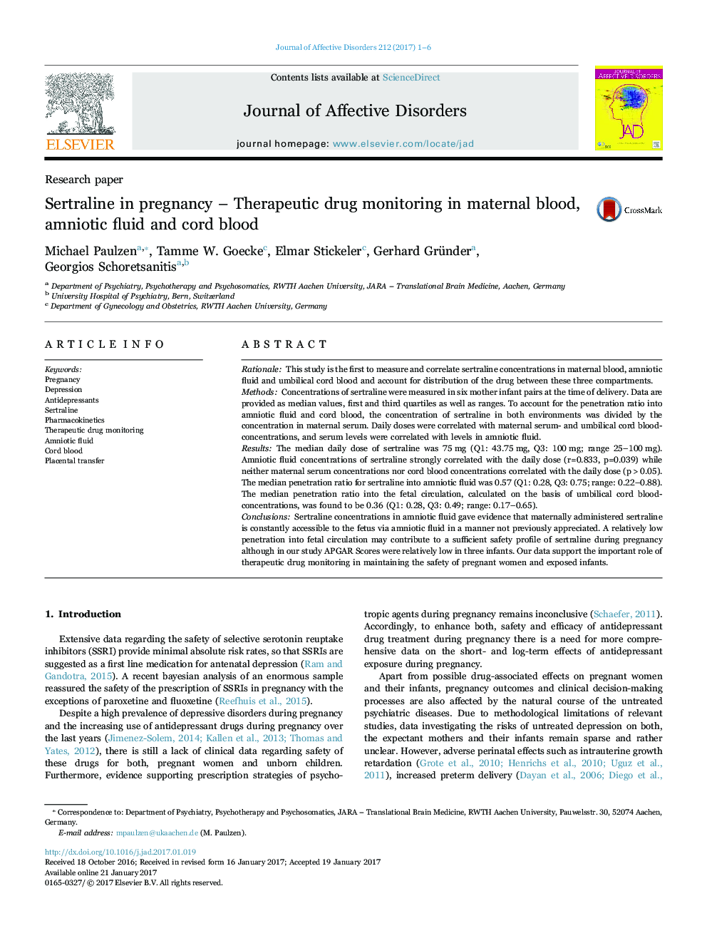 Research paperSertraline in pregnancy - Therapeutic drug monitoring in maternal blood, amniotic fluid and cord blood