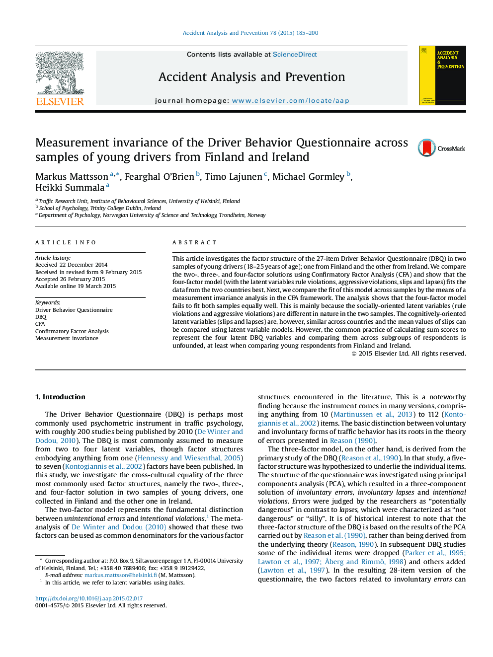 Measurement invariance of the Driver Behavior Questionnaire across samples of young drivers from Finland and Ireland