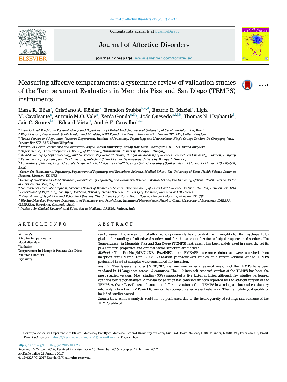 Measuring affective temperaments: a systematic review of validation studies of the Temperament Evaluation in Memphis Pisa and San Diego (TEMPS) instruments