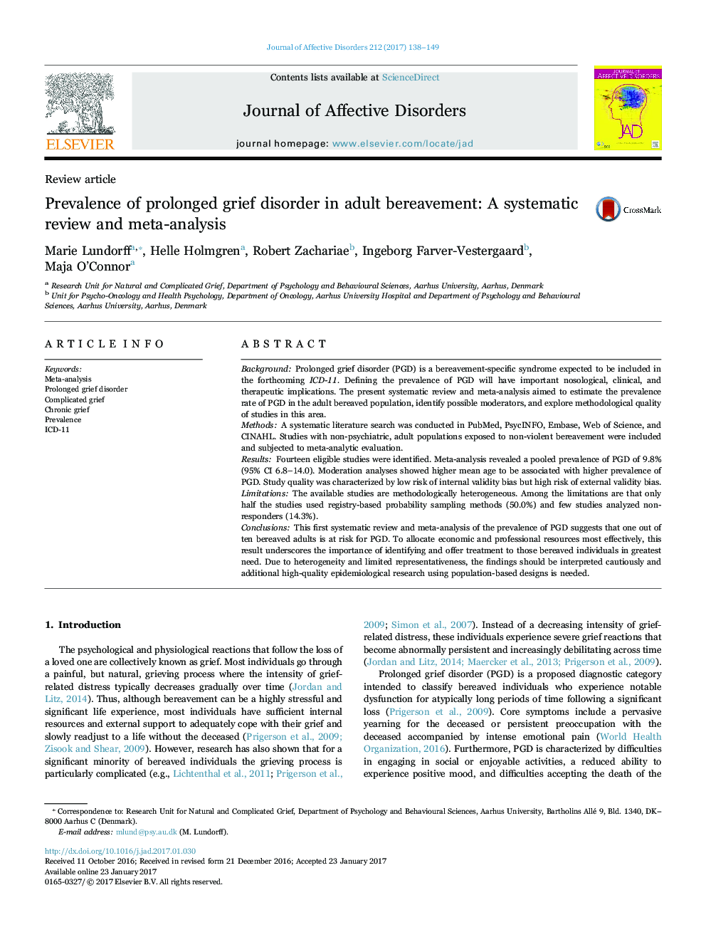 Review articlePrevalence of prolonged grief disorder in adult bereavement: A systematic review and meta-analysis