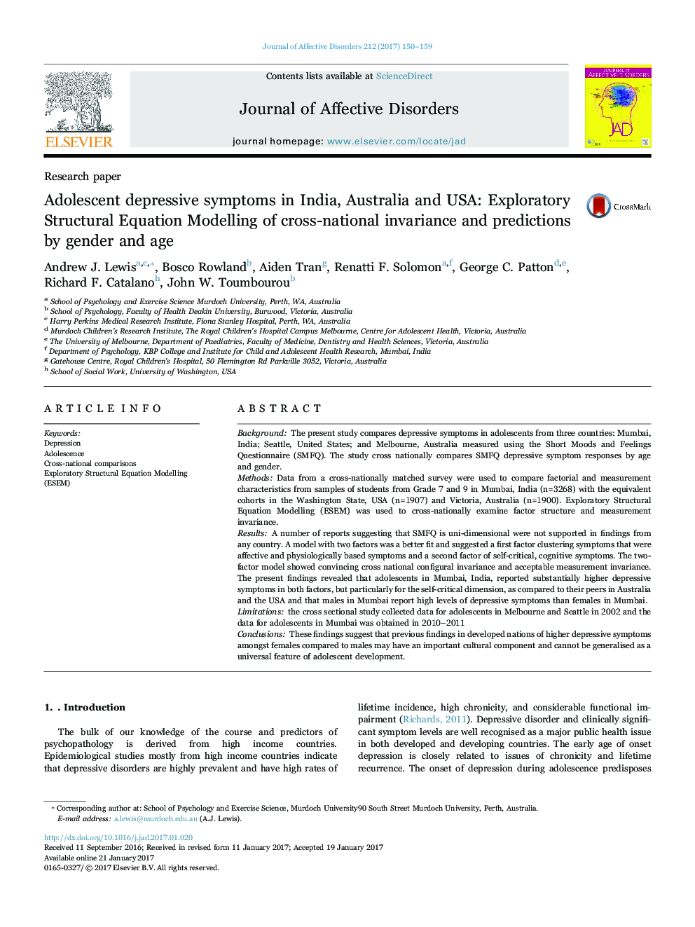 Research paperAdolescent depressive symptoms in India, Australia and USA: Exploratory Structural Equation Modelling of cross-national invariance and predictions by gender and age