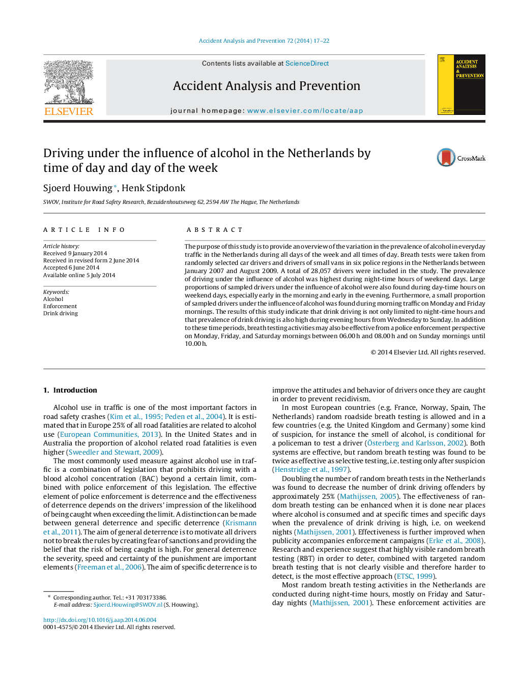 Driving under the influence of alcohol in the Netherlands by time of day and day of the week