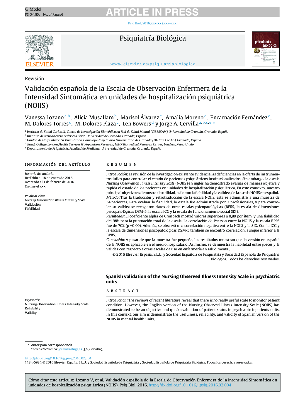 Validación española de la Escala de Observación Enfermera de la Intensidad Sintomática en unidades de hospitalización psiquiátrica (NOIIS)