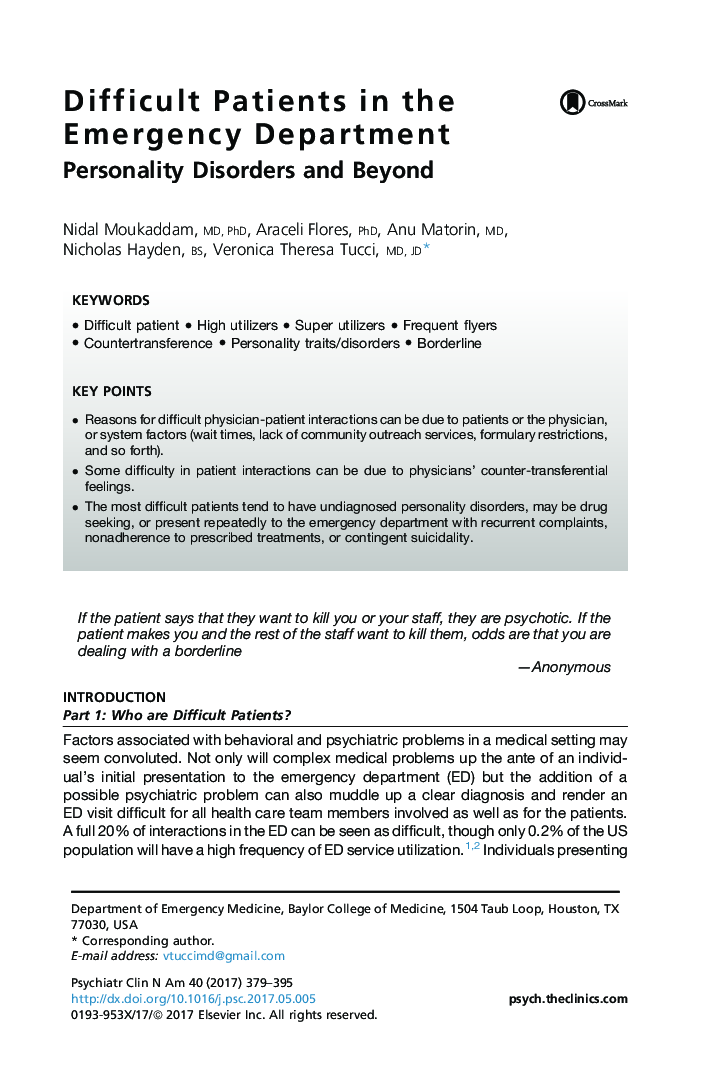 Difficult Patients in the Emergency Department