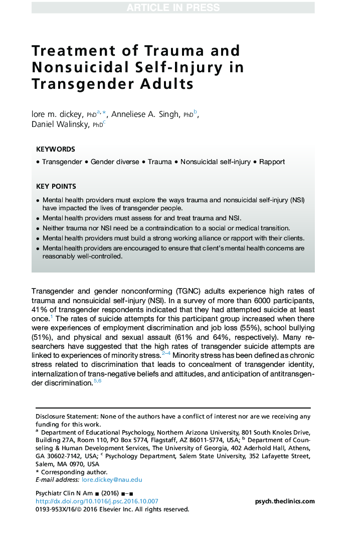 Treatment of Trauma and Nonsuicidal Self-Injury in Transgender Adults