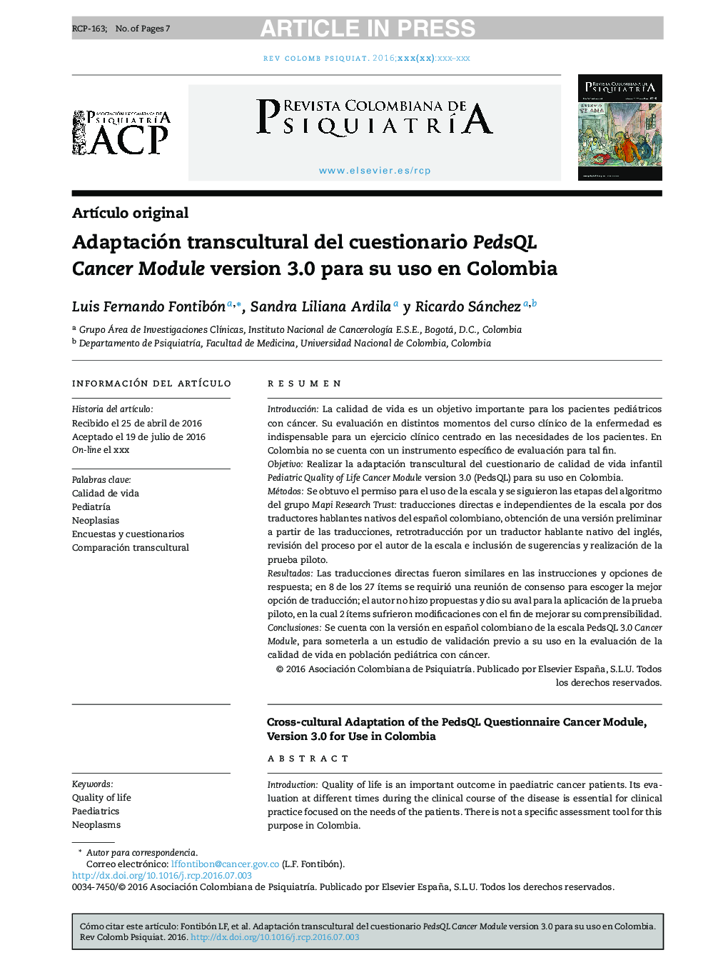Adaptación transcultural del cuestionario PedsQL Cancer Module version 3.0 para su uso en Colombia