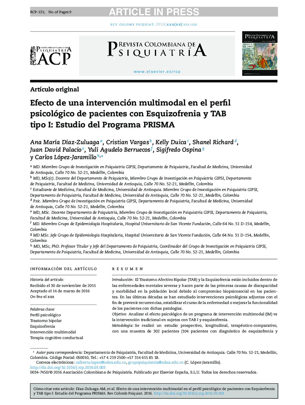 Efecto de una intervención multimodal en el perfil psicológico de pacientes con Esquizofrenia y TAB tipo I: Estudio del Programa PRISMA