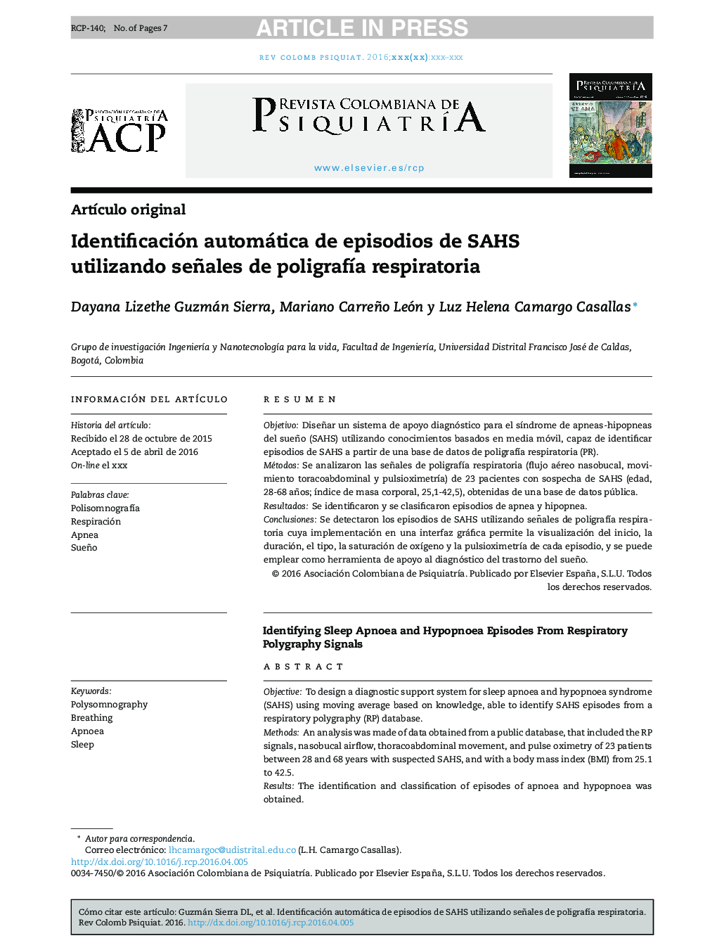 Identificación automática de episodios de SAHS utilizando señales de poligrafÃ­a respiratoria