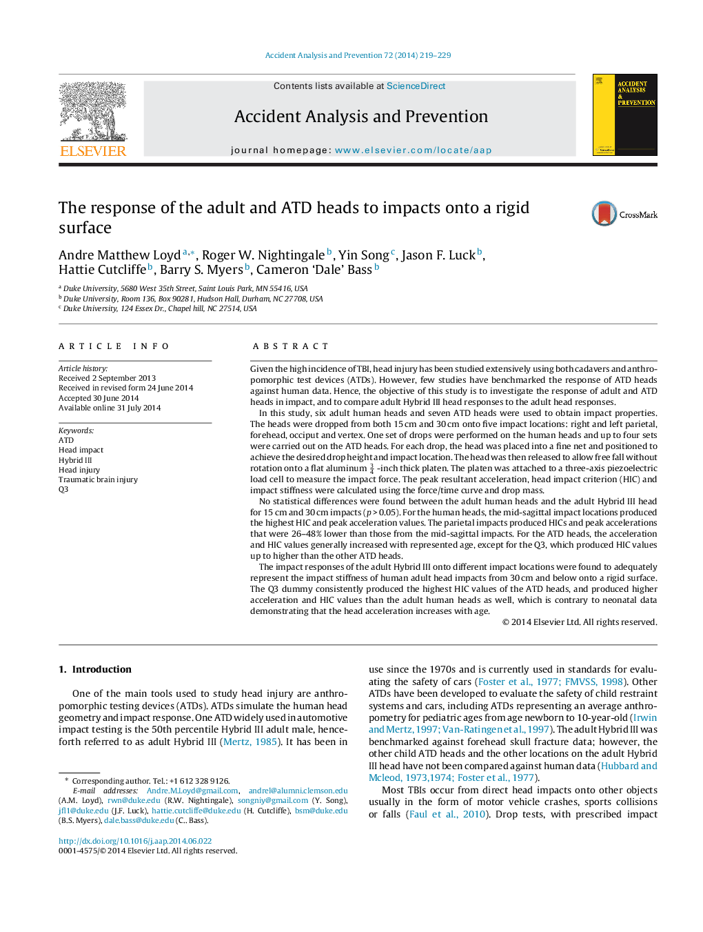 The response of the adult and ATD heads to impacts onto a rigid surface