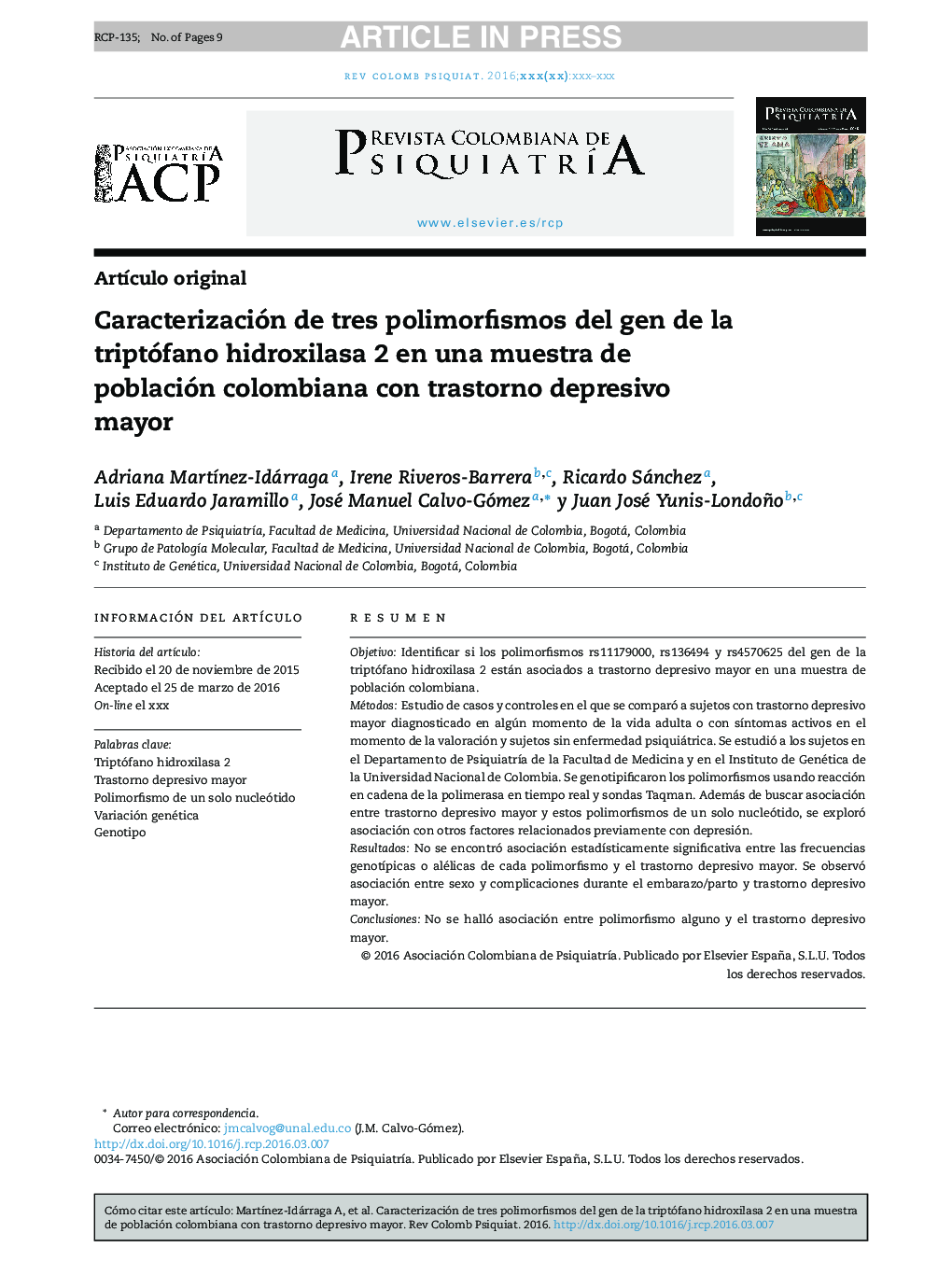 Caracterización de tres polimorfismos del gen de la triptófano hidroxilasa 2 en una muestra de población colombiana con trastorno depresivo mayor