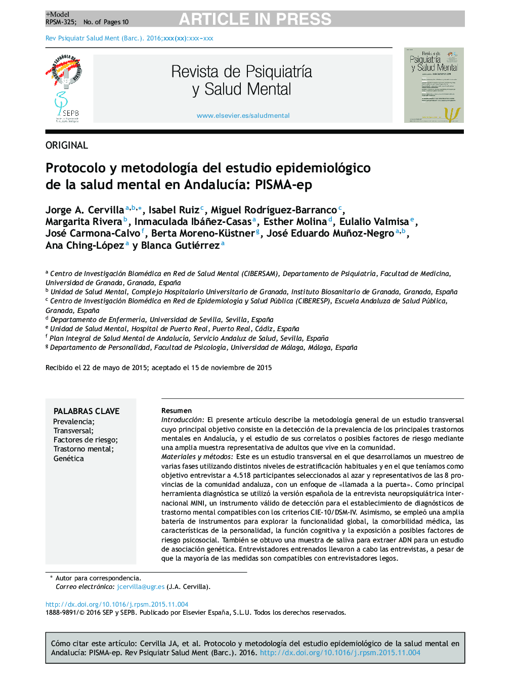 Protocolo y metodologÃ­a del estudio epidemiológico de la salud mental en AndalucÃ­a: PISMA-ep