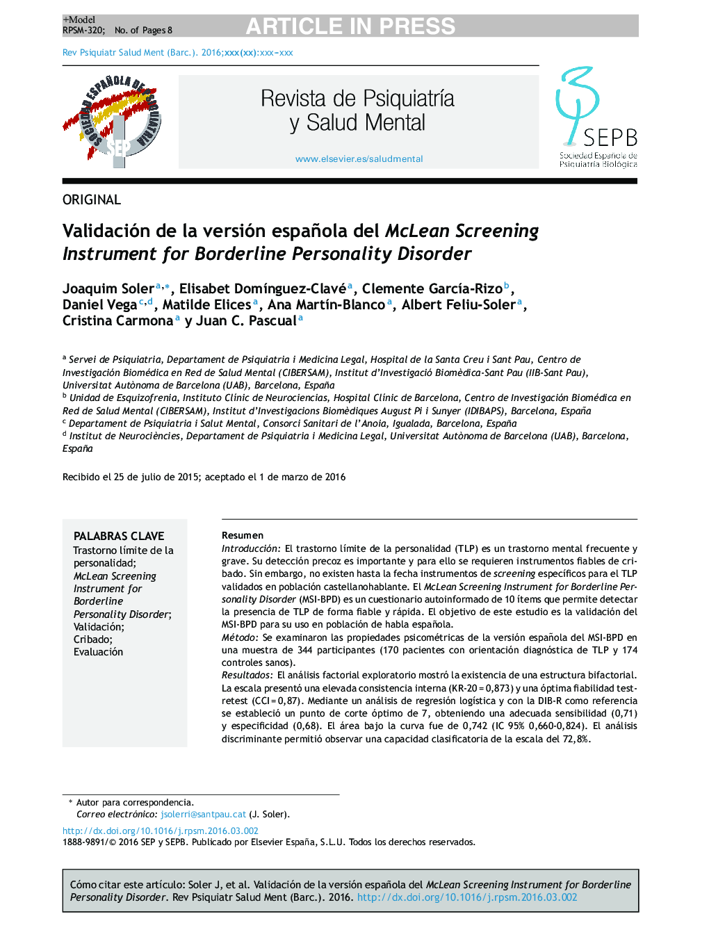 عکس صفحه اول مقاله: Validación de la versión española del McLean Screening Instrument for Borderline Personality Disorder Validación de la versión española del McLean Screening Instrument for Borderline Personality Disorder