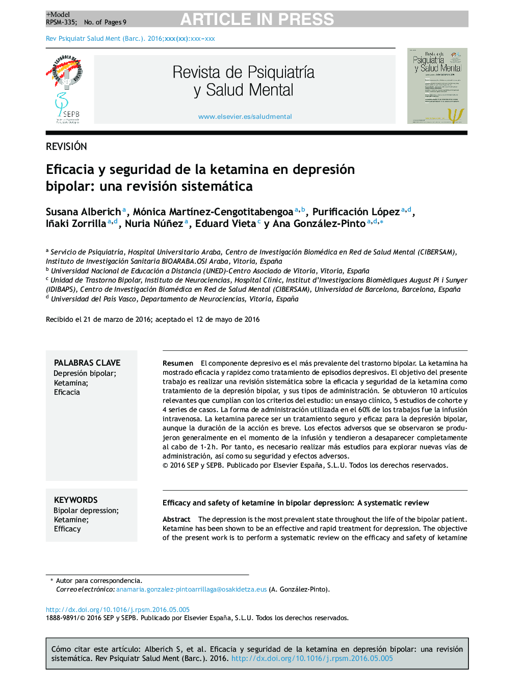 Eficacia y seguridad de la ketamina en depresión bipolar: una revisión sistemática