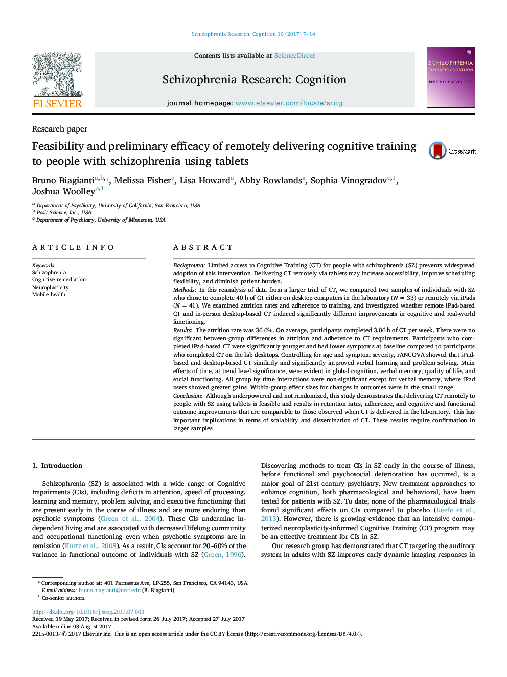 Research paperFeasibility and preliminary efficacy of remotely delivering cognitive training to people with schizophrenia using tablets