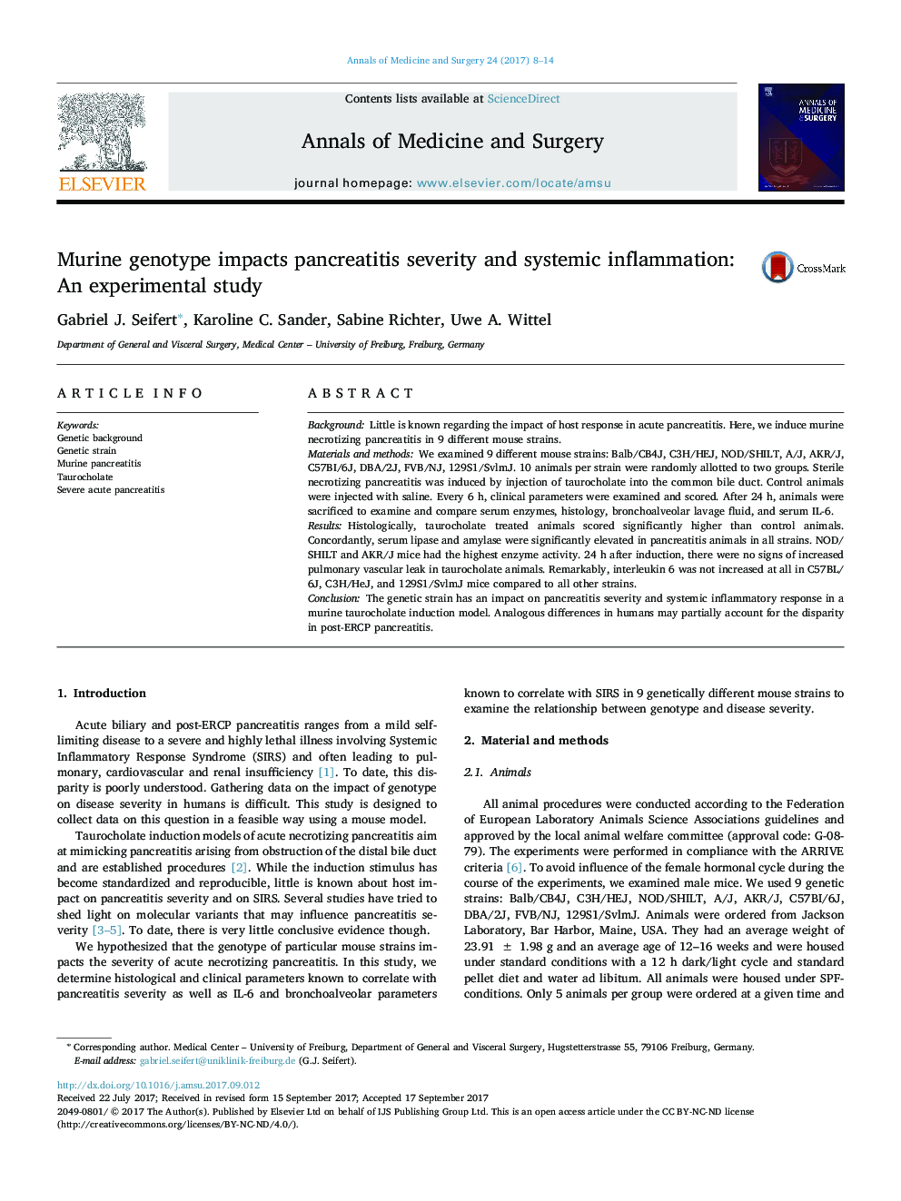 Murine genotype impacts pancreatitis severity and systemic inflammation: An experimental study