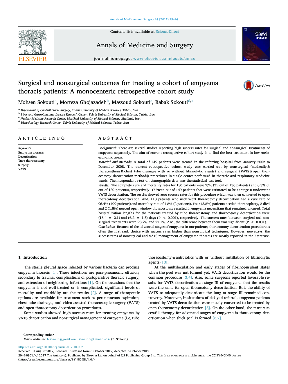 Surgical and nonsurgical outcomes for treating a cohort of empyema thoracis patients: A monocenteric retrospective cohort study