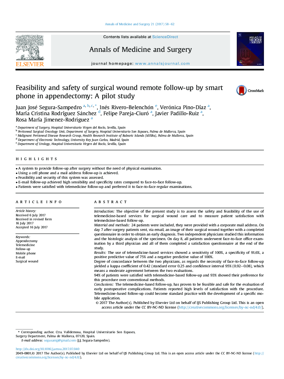 امکان سنجی و ایمنی پیگیری از راه دور زخم جراحی توسط تلفن هوشمند در آپاندکتومی: یک مطالعه آزمایشی 